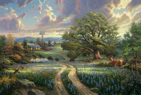 texas-bluebells-art-deer-buck-turkeys-meadow-windmill-Thomas Kinkade