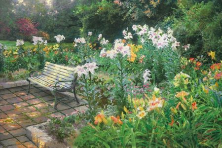 final-painting-by-Thomas Kinkade-art-bench-bible-lilies
