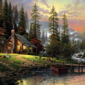 forest-pond-house-cabin-clouds-mountains