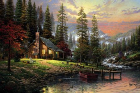 forest-pond-house-cabin-clouds-mountains