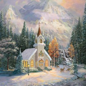 kinkade-deer-wildlife-chapel-church-snow-winter-trees-mountains